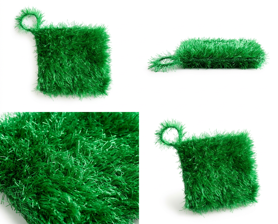 Four-panel product shot of the green Loofi Baby scrubber showing front, side, texture close-up, and angled views