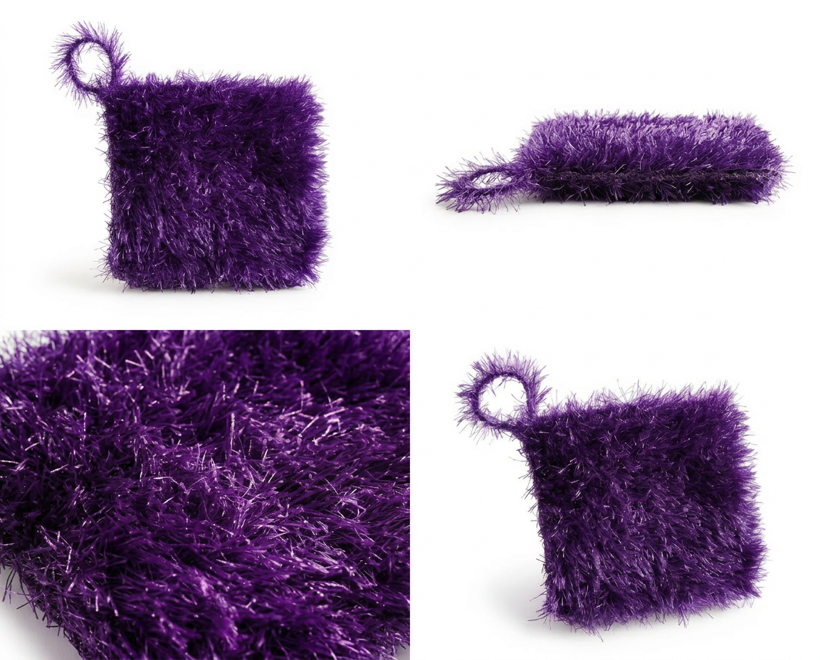 Four-panel product shot of the purple Loofi Baby scrubber showing front, side, texture close-up, and angled views