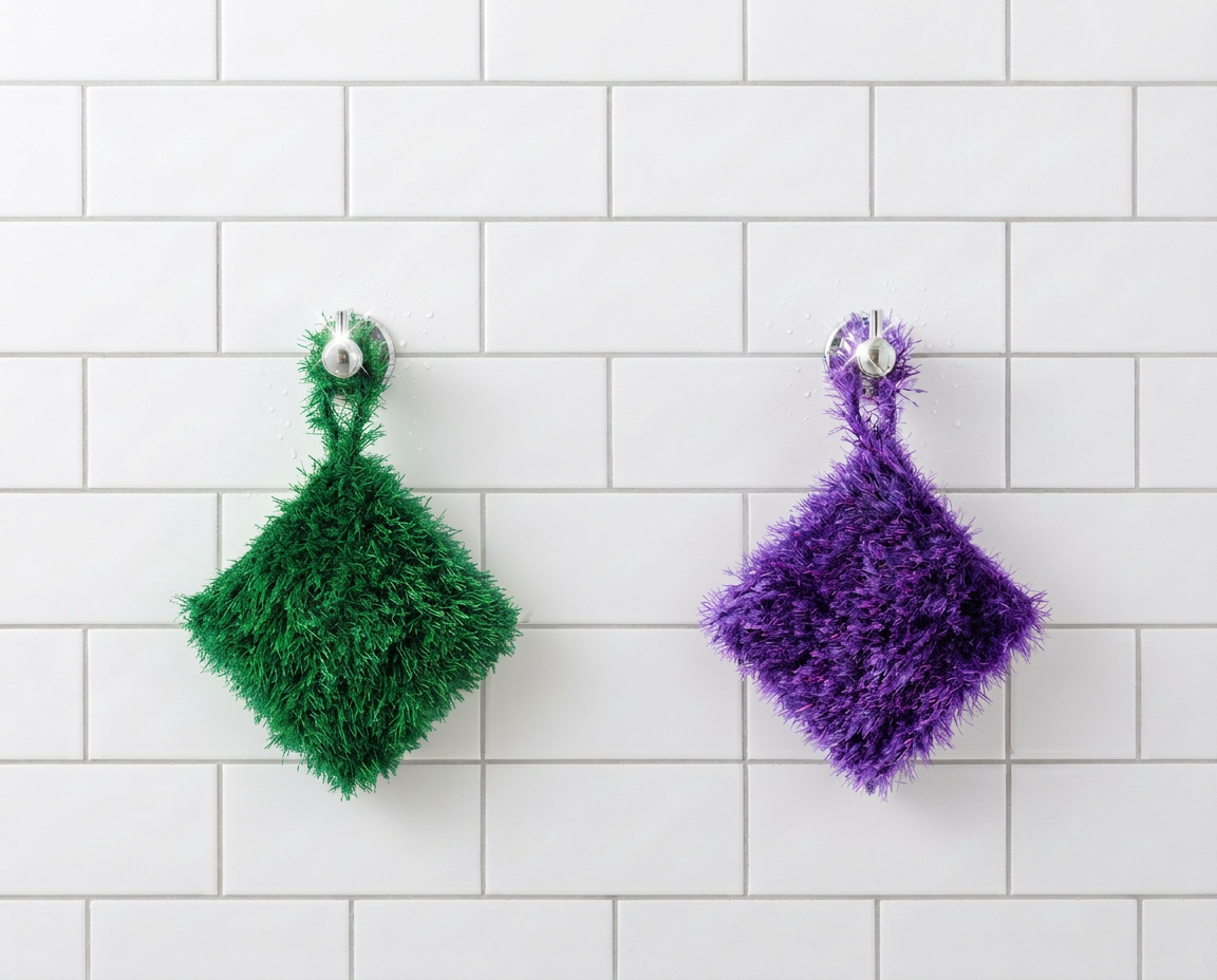 Green and purple Loofi Baby scrubbers hanging side by side on a white tiled shower wall