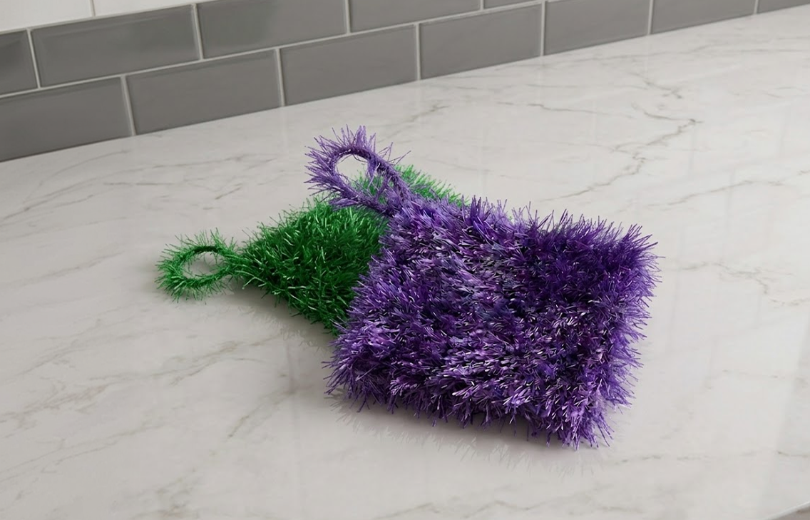 Green and purple Loofi Baby scrubbers laid together on a marble counter with gray subway tile backsplash