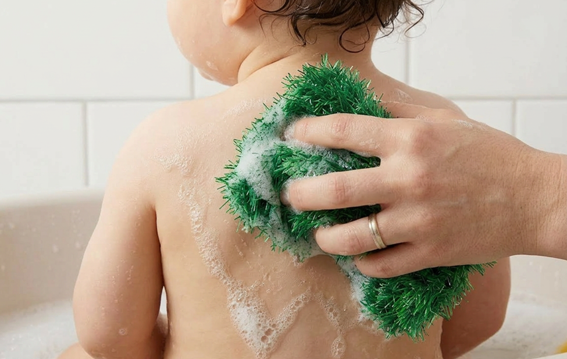 Adult hand gently washing a baby's back with a green Loofi Baby scrubber in a sudsy bath