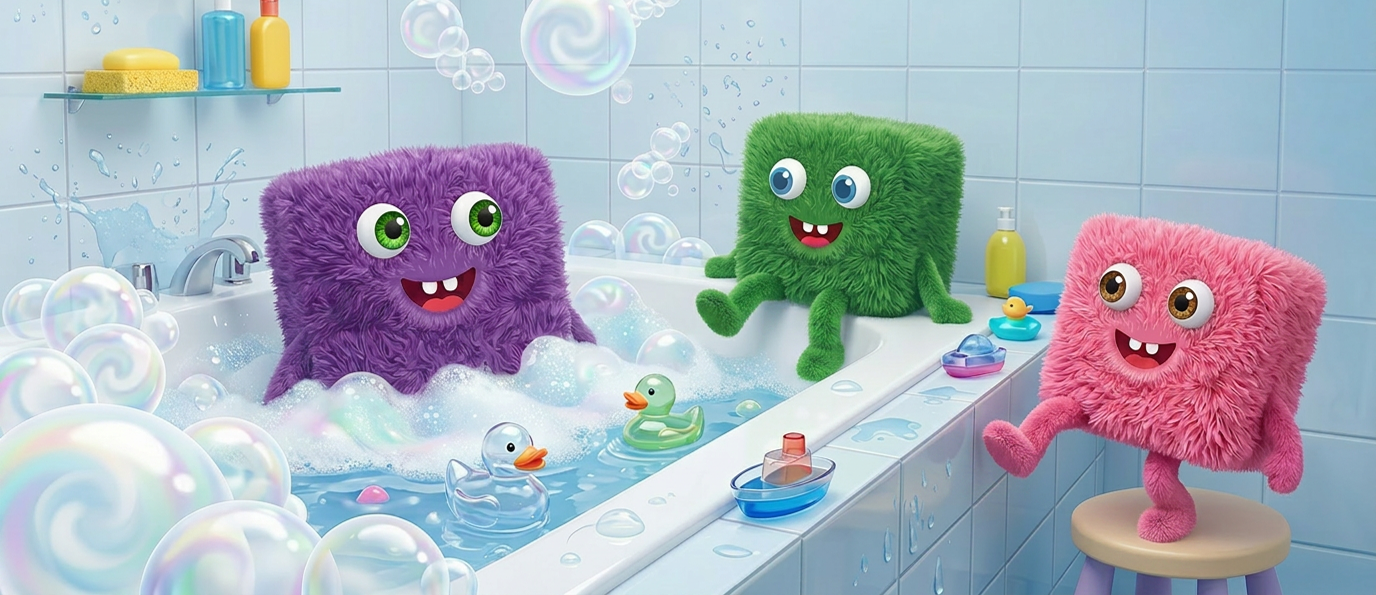 Illustrated purple, green, and pink fuzzy monster characters playing in a bubbly bathtub